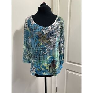 New Directions Women's Fitted Petite Top PXL 3/4 Sleeve hummingbird design